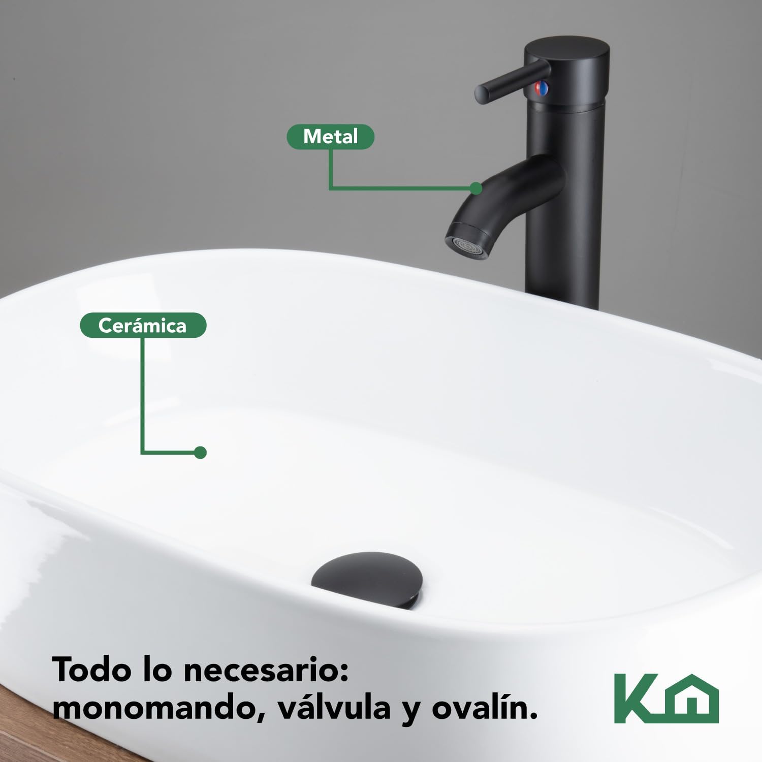 Kingshouse | Gabinete para Baño con Ovalín y Monomando – Mueble de Baño Lavamanos con 2 Cajones – Lavabo – Gabiente Organizador - Color Gris Mate – Fibra de Madera MDF – Lavamanos De Cerámica