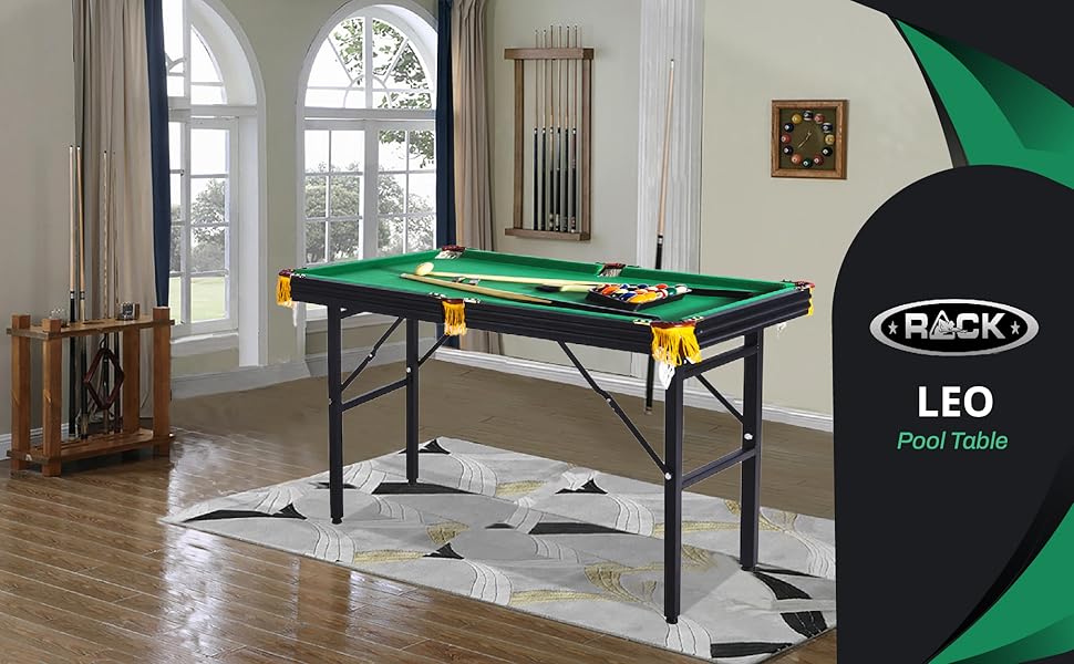 Leo, verde, RACK Leo mesa de billar plegable mesa de billar port&aacute;til compacta, mesa de billar para juegos en casa