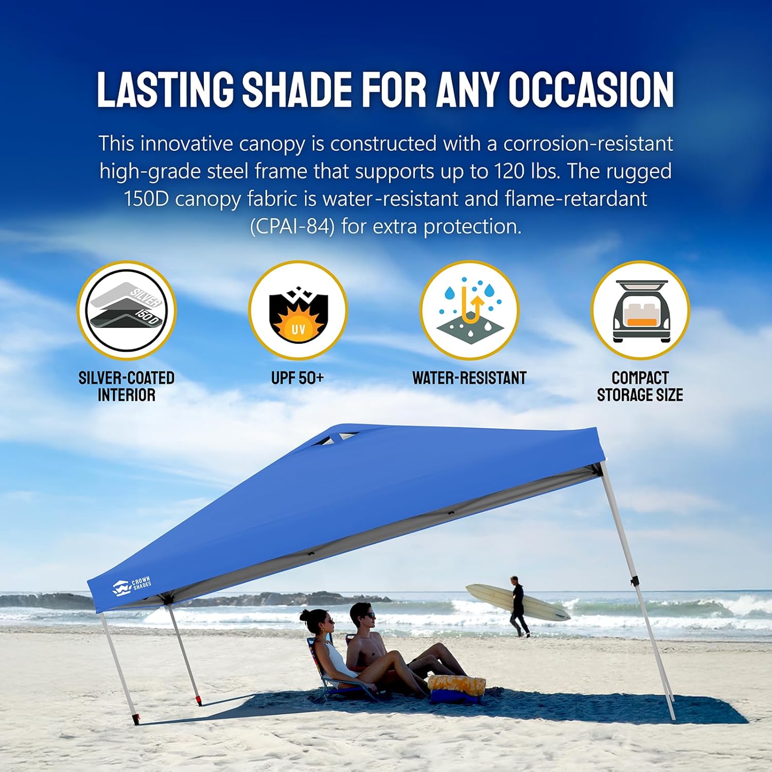 CROWN SHADES - Toldo desplegable de 3.60 x 3.60 metros, toldo patentado de un empuje con bolsa de transporte con ruedas, 8 estacas y 4 cuerdas, negro