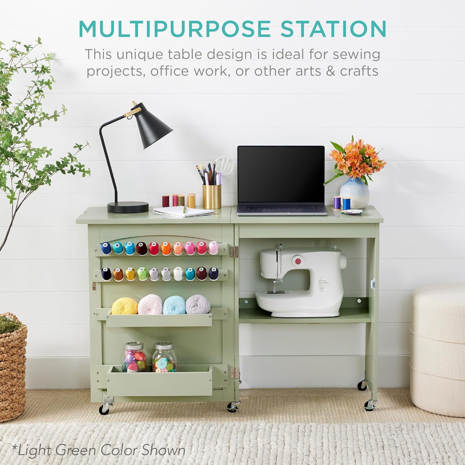 Best Choice Products - Mesa de coser plegable multiusos, estación de manualidades, diseño compacto, ruedas, estantes, almacenamiento, clavijas, puertas magnéticas, pomos de puerta de metal, blanca
