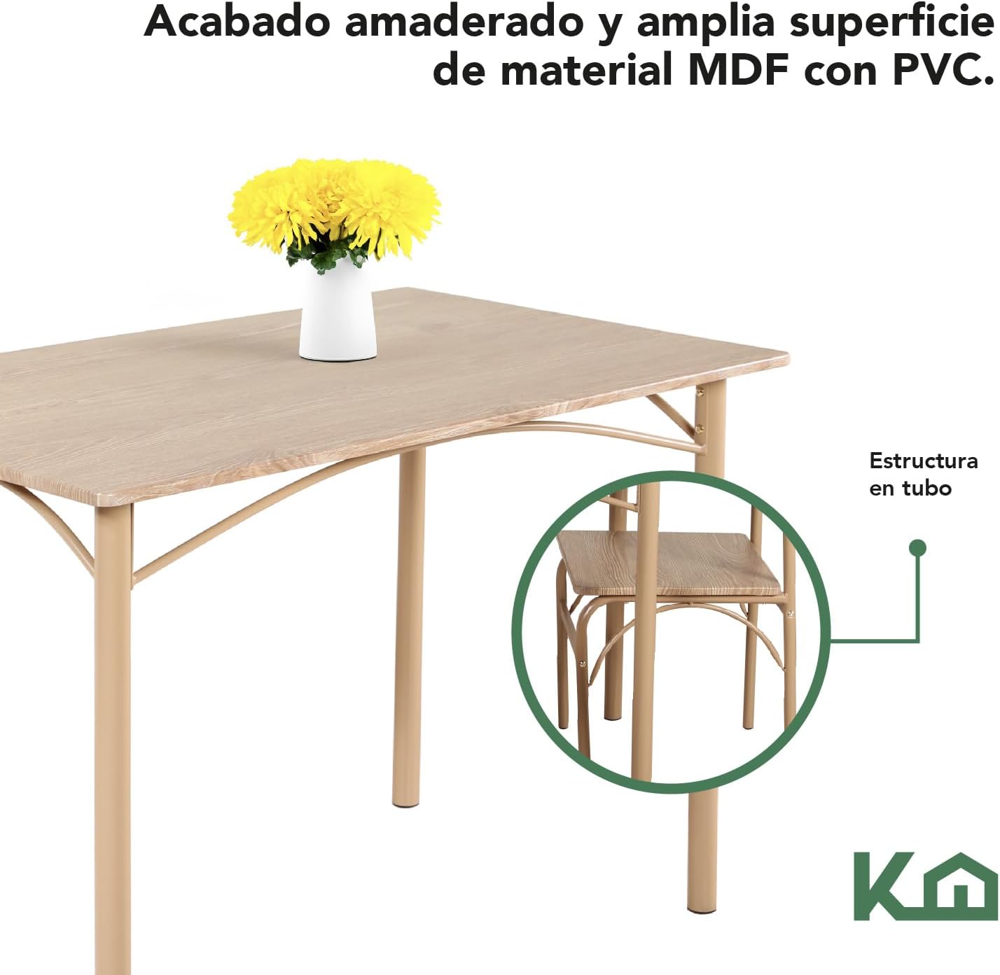 Kingshouse | Comedor 4 Sillas con Mesa – Madera MDF Estructura Metálica - Negro – Moderno Minimalista - para 4 Personas