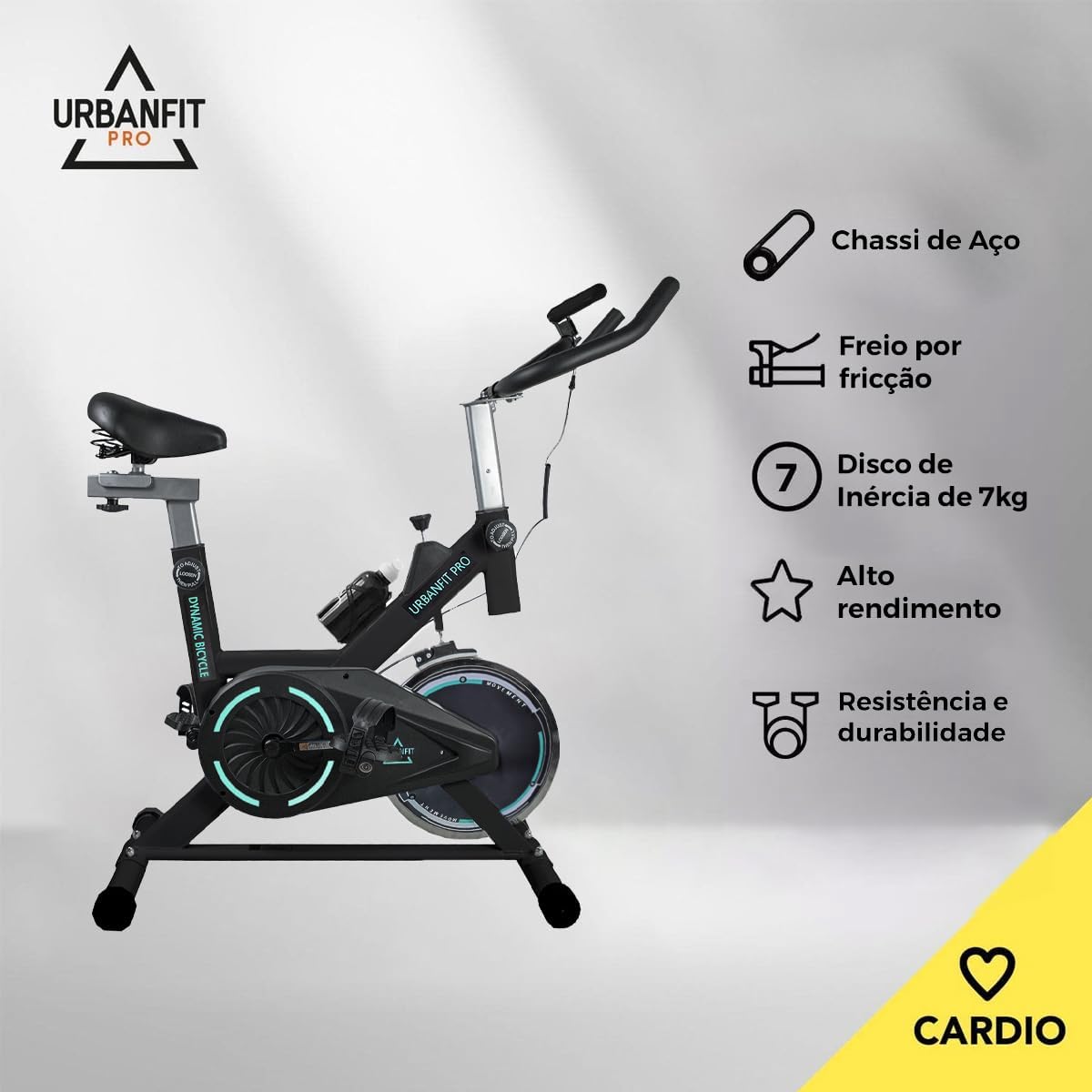 UrbanFit Pro - Bicicleta para Spinning, Estática - Disco de 7 kg - Monitor Electrónico, 6 Funciones - Bici Fija, Ajustable - Cardio en Casa - Varios Colores