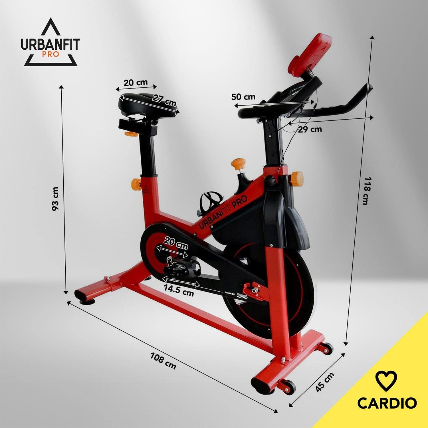 Bicicleta Fija para Spinning UrbanFit Pro Fitness Cardio de 15 Kg – Monitor Electrónico con 7 Funciones – Completamente Ajustable – Bici Fija para Spinning – Entrenamiento Cardio en Casa – Resistente y Fácil de Instalar – Variedad de Colores