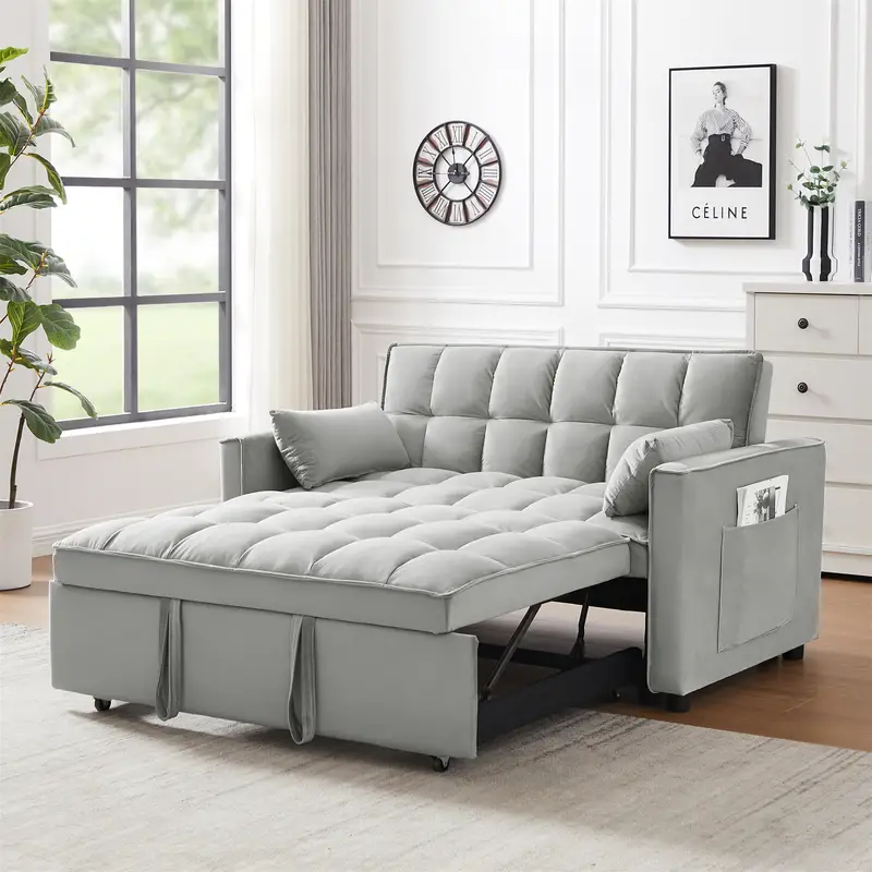 Sofá convertible de terciopelo 3 en 1, mejora de la versión anterior, con colchón plegable, respaldo inclinable, cojines y bolsillos para dormir, ideal para dormitorio,   y apartamento, cubierta de sofá en   y gris detalles 0