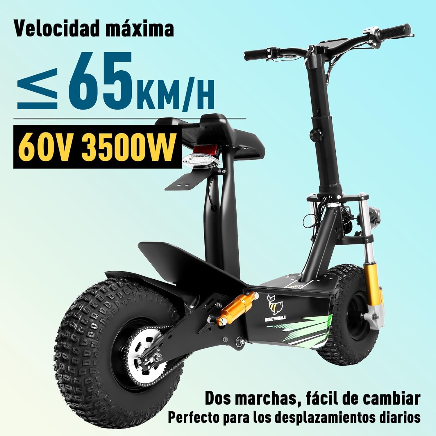 Discovery Moto Scooter Eléctrica para Adultos con Asiento, Patin Electrico Todoterreno con Motor de 3500W, Velocidad máxima 65KM/H, Batería de 20AH - 50KM de Autonomía