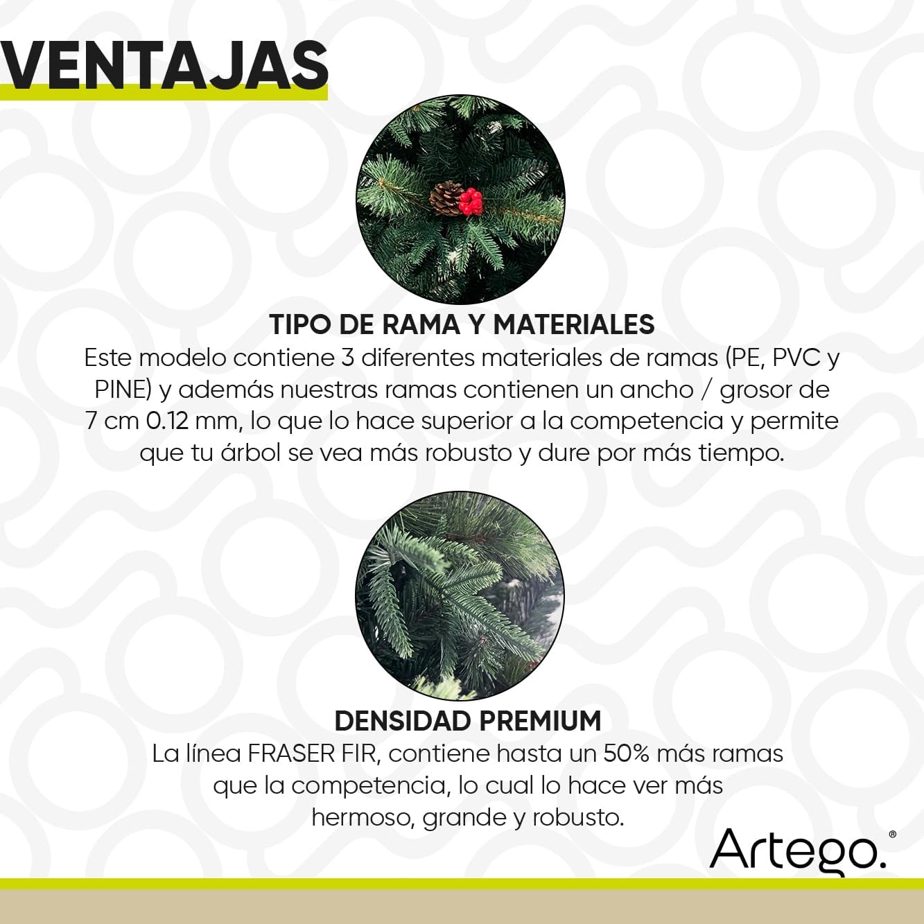 BECKON Árbol de Navidad Premium 2.20m Fraser Fir Artego (3 Materiales) Frondoso (1676 Ramas) Pino Artificial Navideño Artego + Maleta/Christmas Tree Decoración navideña (Fraser 220cm)