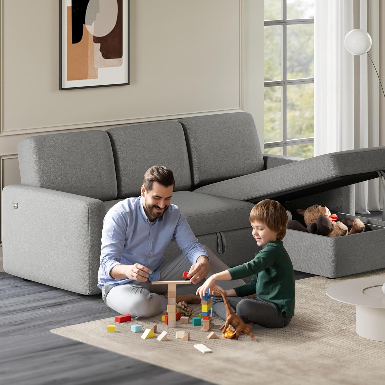 Yaheetech Sofá seccional en forma de L, sofá cama con chaise, sofá cama reversible con cama extraíble y espacio de almacenamiento, sofá convertible de tela de 4 asientos, adecuado para sala de estar, gris claro