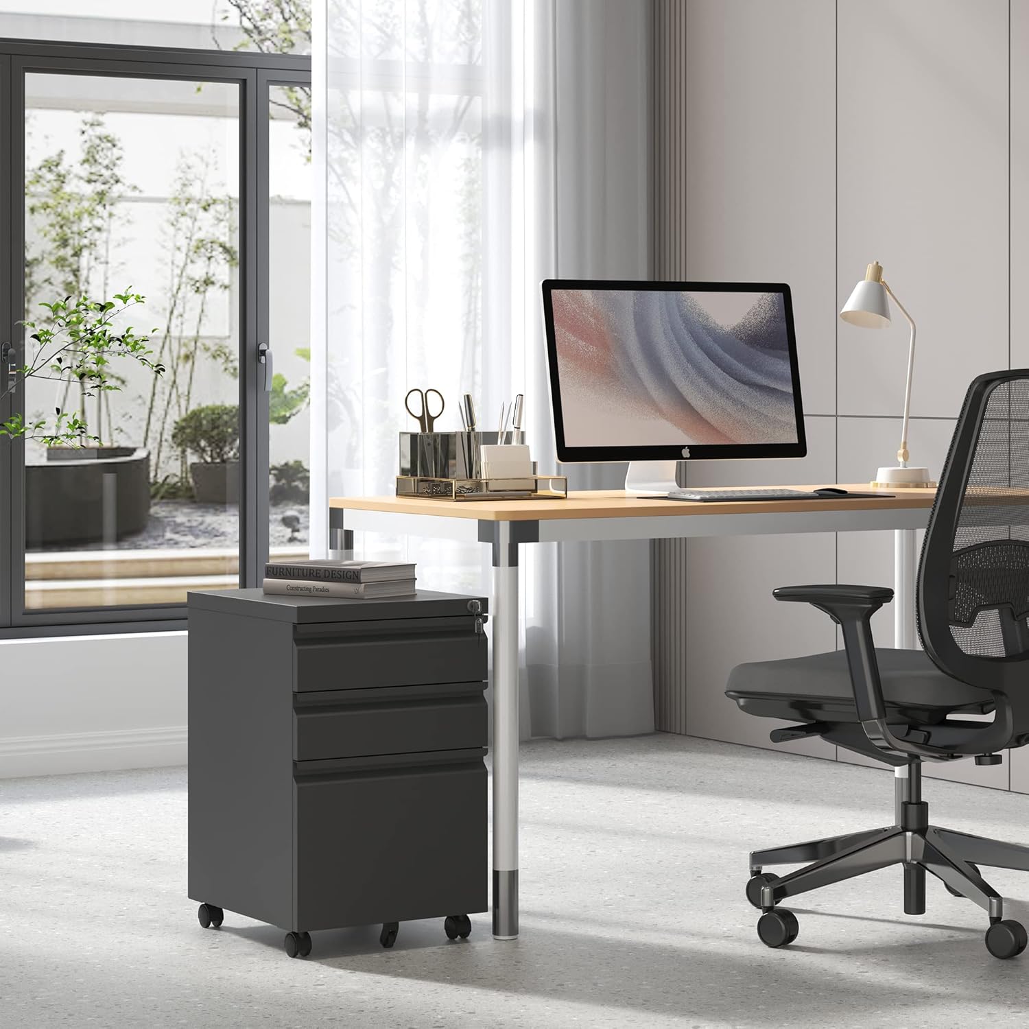 BIZOEIRON - Archivador móvil de 3 cajones, archivador de metal debajo del computadora con cerradura y ruedas, archivador rodante para oficina en casa, legal/letra/archivo A4 (negro)