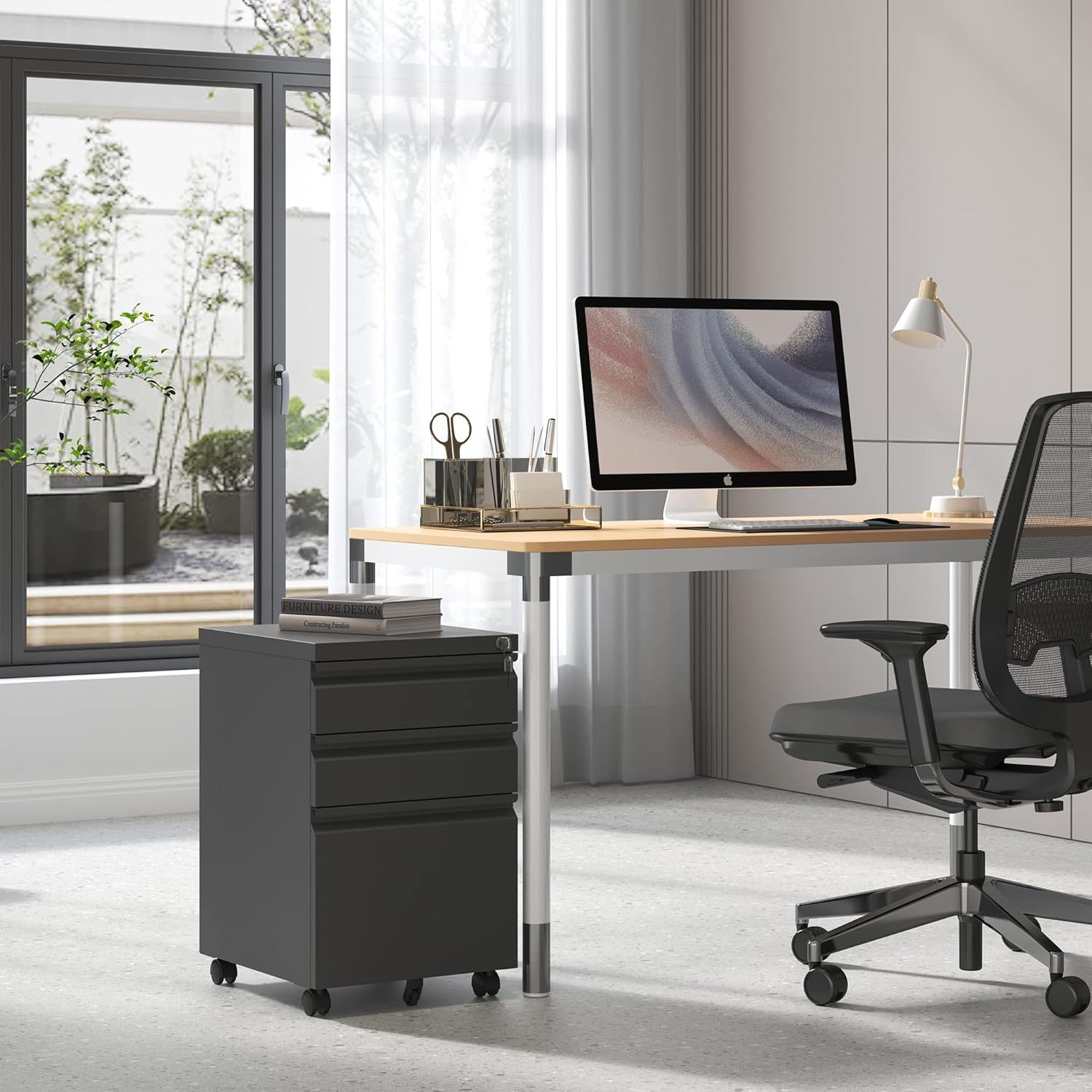 BIZOEIRON - Archivador móvil de 3 cajones, archivador de metal debajo del computadora con cerradura y ruedas, archivador rodante para oficina en casa, legal/letra/archivo A4 (negro)