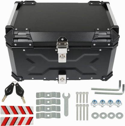 Labwork - Caja trasera para motocicleta de 45 l, con placa de montaje, aleación de aluminio dura, cierre de seguridad contra robo, metal plateado, caja trasera para maletero