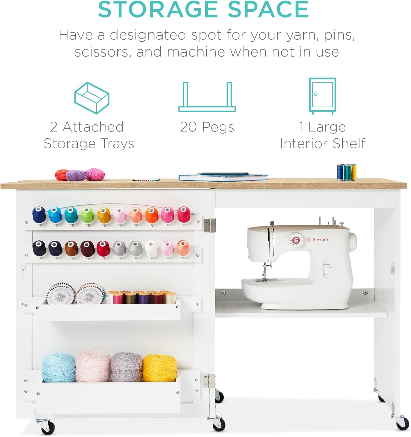 Best Choice Products - Mesa de coser plegable multiusos, estación de manualidades, diseño compacto, ruedas, estantes, almacenamiento, clavijas, puertas magnéticas, pomos de puerta de metal, blanca