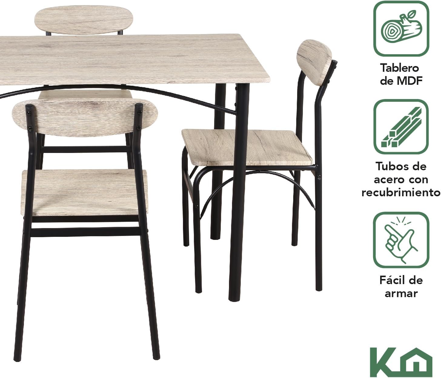 Kingshouse | Comedor 4 Sillas con Mesa – Madera MDF Estructura Metálica - Negro – Moderno Minimalista - para 4 Personas