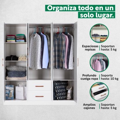 Kingshouse | Ropero De 6 Puertas con 2 Cajones – Color Café – Barra para Colgar – Estructura MDP – Mueble Organizador De Ropa – Armario para Casa, Recámara y Hogar