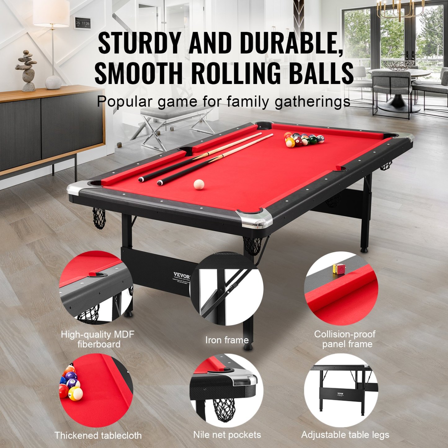 Mesa de Billar 213,4x120x80,5 cm Kit de Billar Plegable y Portátil Set Completo de Accesorios con Bolas, Tacos, Tizas y Pincel Color Negro con Tela Roja para Sala de Juegos, Hogar, Club, Bar