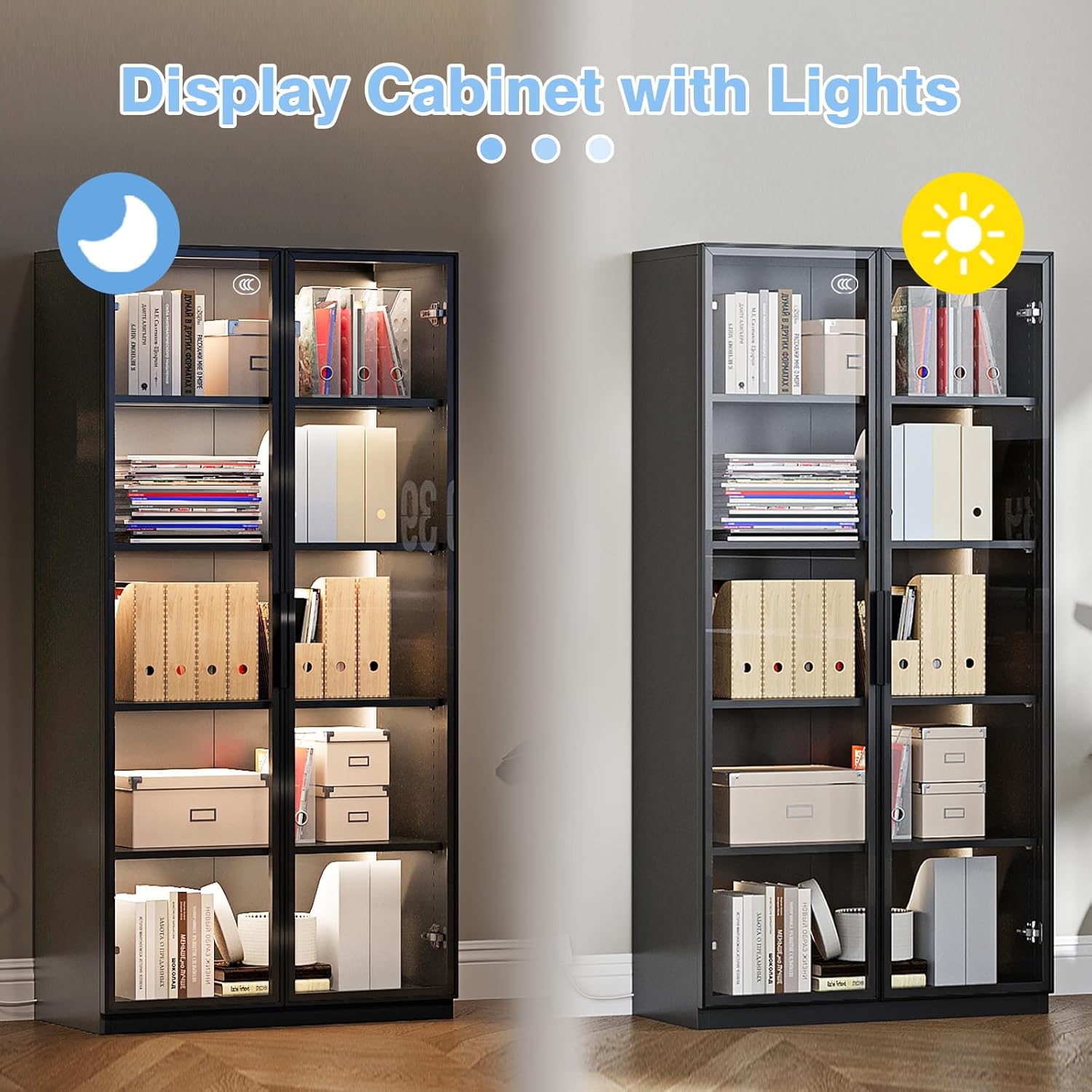 PEUKC - Vitrina con puertas de vidrio, vitrinas con 4 estantes ajustables y cerradura para el hogar, la oficina, la clínica, la despensa, requiere ensamblaje, negro, color madera