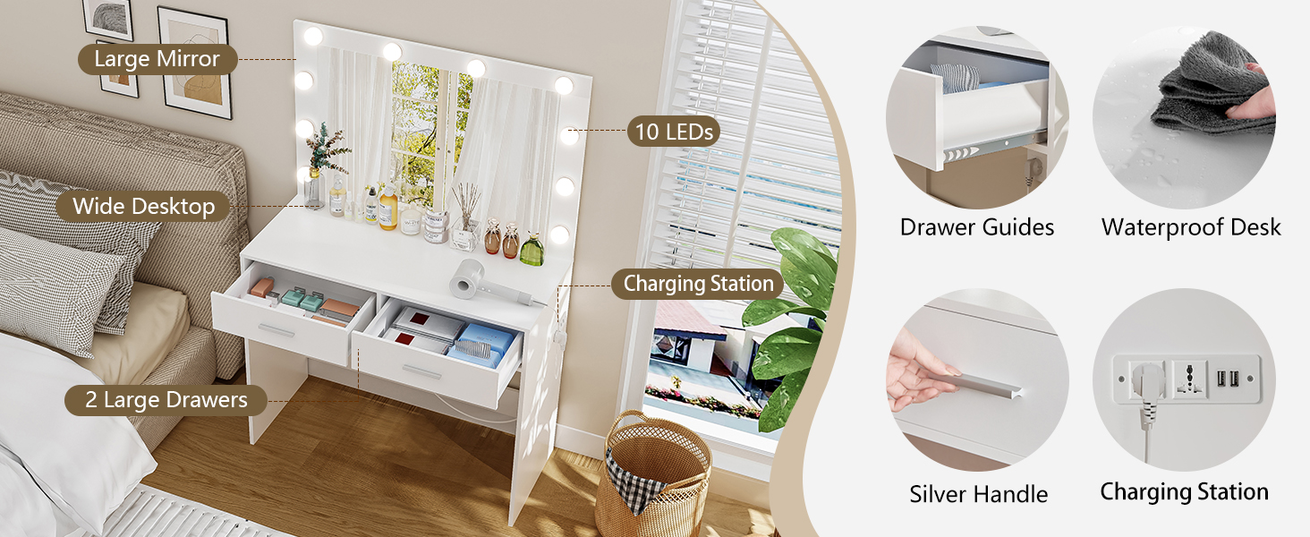 usikey - computadora de cambiador con gran espejo iluminado, cambiador de maquillaje con 10 luces
