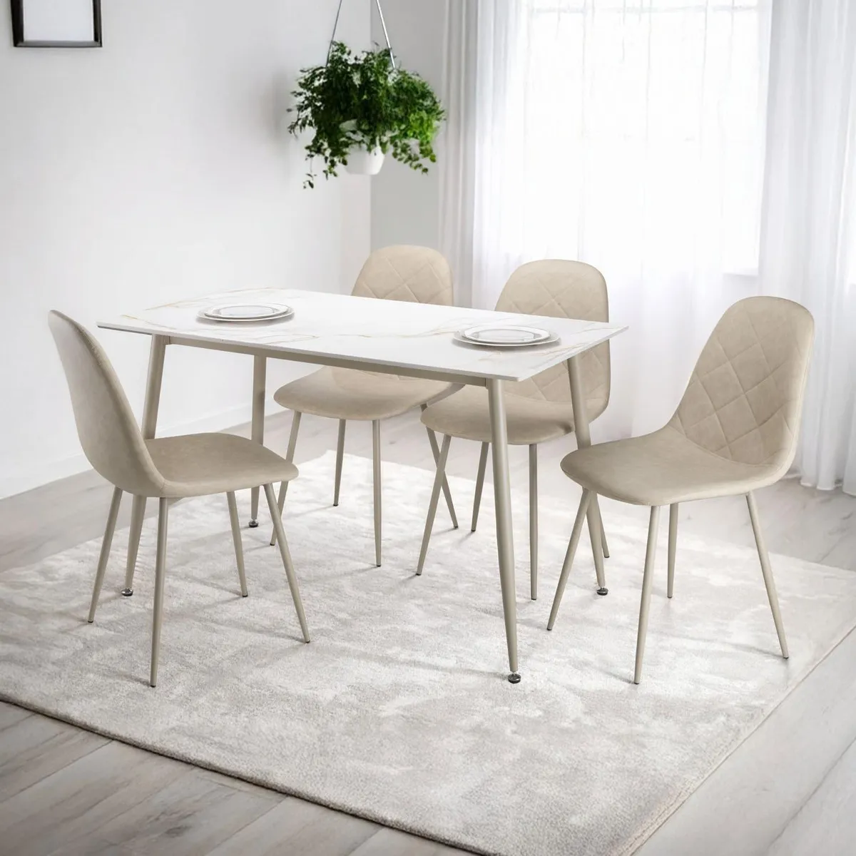 Juego De Comedor Mesa Rectangular de Vidrio Templado Rectangular Con 4 Sillas Estilo Contemporáneo Color Beige Kingshouse MINE4