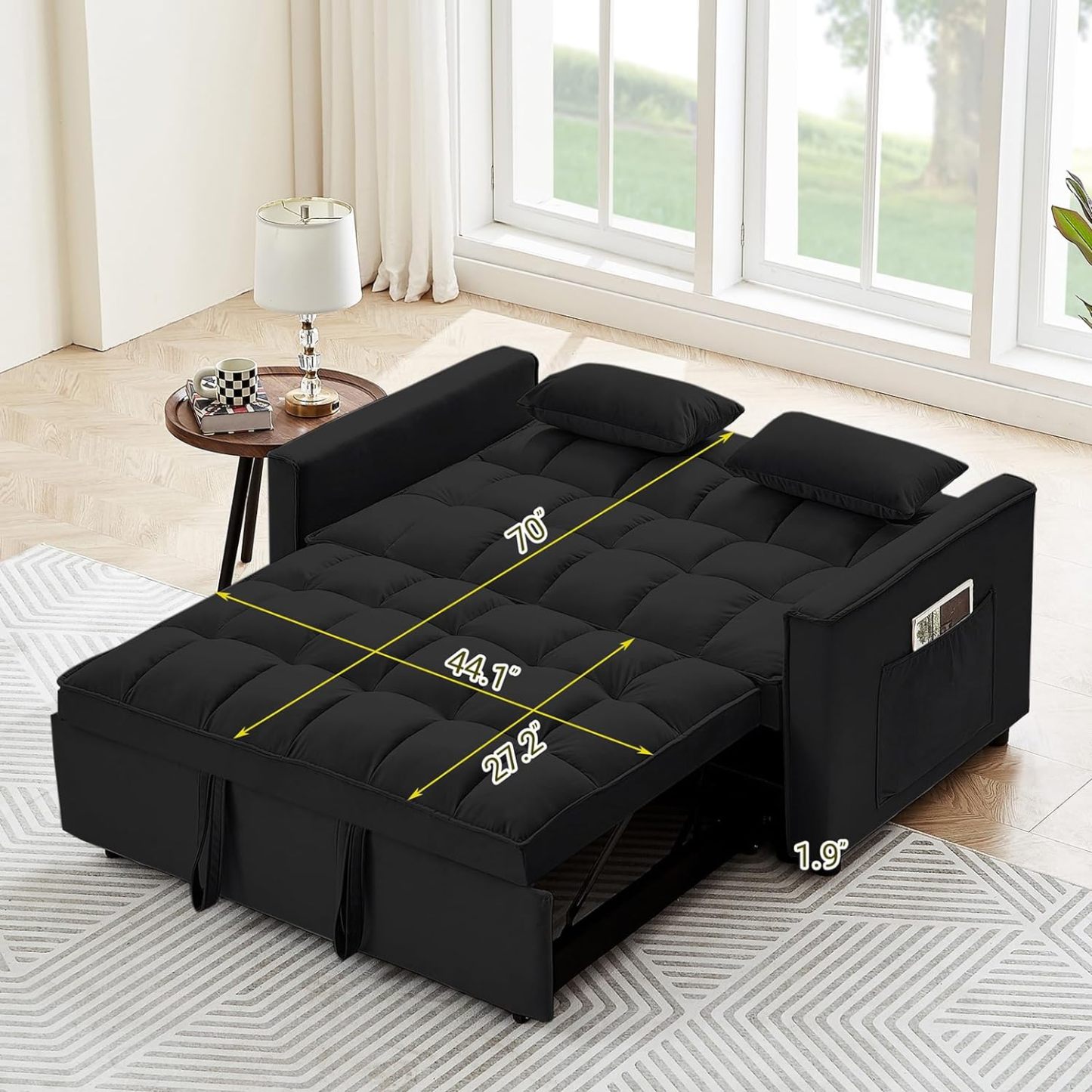 CALABASH Sofá convertible de 55 pulgadas 3 en 1 sofá de terciopelo pequeño con cama extraíble, respaldo reclinable, almohadas y bolsillos, futón para sala de estar, departamento, oficina—Máscara para aliviar la fatiga ocular