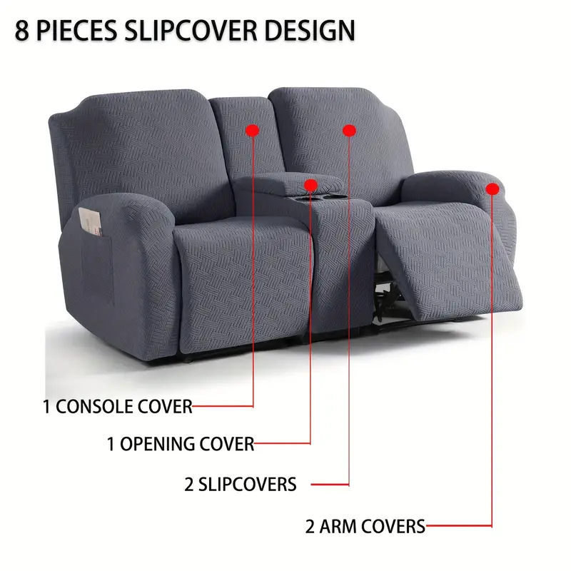 Juego clsico de fundas para silln reclinable de consola central de 8 piezas: polister elstico y spandex con cierre elstico, funda para muebles lavable a mquina de dise?o de una sola pieza para silln de masaje de teatro de 2 asientos