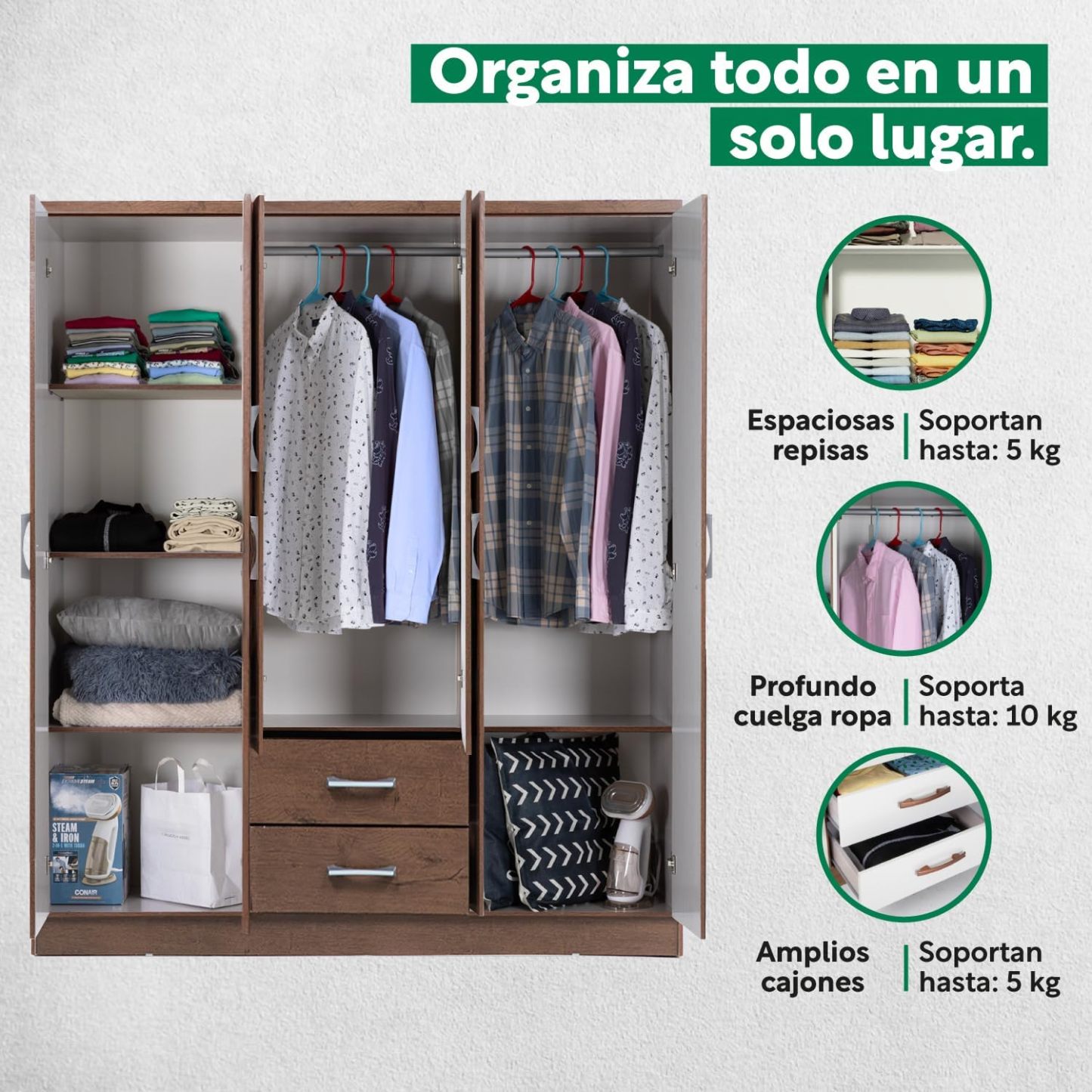 Kingshouse | Ropero De 6 Puertas con 2 Cajones – Color Café – Barra para Colgar – Estructura MDP – Mueble Organizador De Ropa – Armario para Casa, Recámara y Hogar