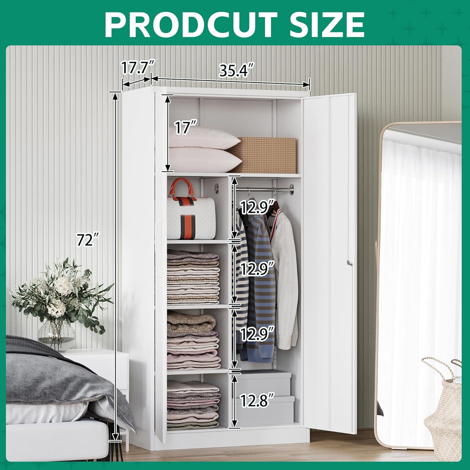 Letaya - Armarios de almacenamiento de metal con puerta de cerradura, armarios de acero, 5 estantes ajustables para el hogar, oficina, almacén (blanco)