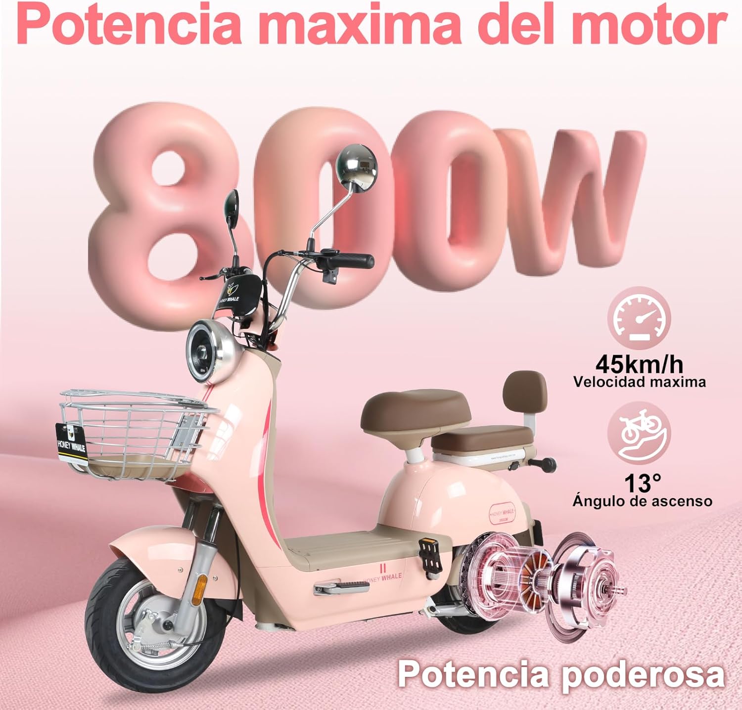 HONEYWHALE UNA Bicicleta Electrica para Adultos, Moto Electrica con Alarma, Potencia Motor MAX 800W, Velocidad MAX 45KM/H, Autonomía 60KM, Bateria 20AH de Gran Capacidad