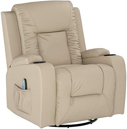 COMHOMA - Silla reclinable giratoria, mecedora de poliuretano para adultos, con masaje y calor, portavasos, bolsillos laterales, para sala de estar y recámara