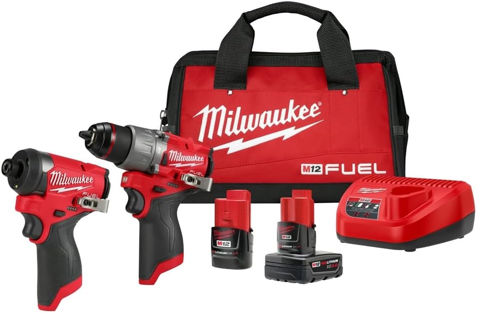 Milwaukee M12 FUEL Kit combinado de taladro percutor inalámbrico y destornillador de impacto sin escobillas de 12 voltios con tecnología de iones de litio, con baterías y bolsa (2 herramientas)