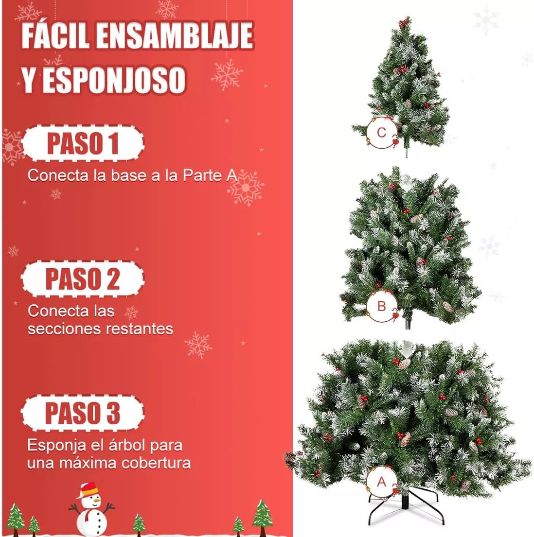 Arbol de Navidad Grande 2.2m, Arbol de Navidad con Luces Integradas, con 27m 240 Luces Led Parpadeantes(8 Modos de Luz), 1140 Ramas, con 35 Pares de Piñas y 35 Pares de Frutos Rojos, Soporte Metálico