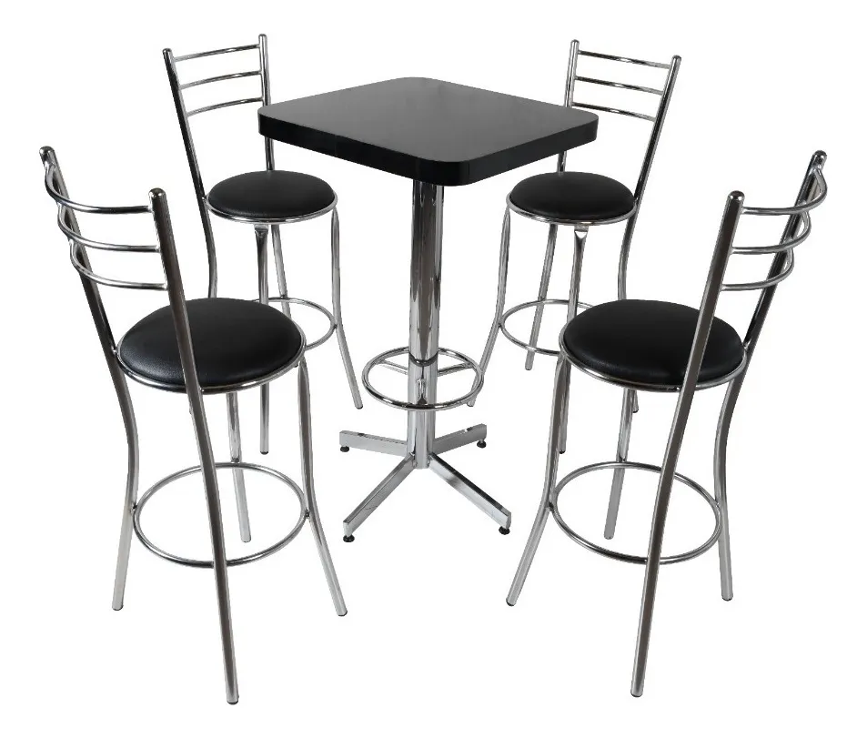 Mesa Periquera Con Bancos Restaurante Bar Lounge Cafetería Color Cromo/Negro