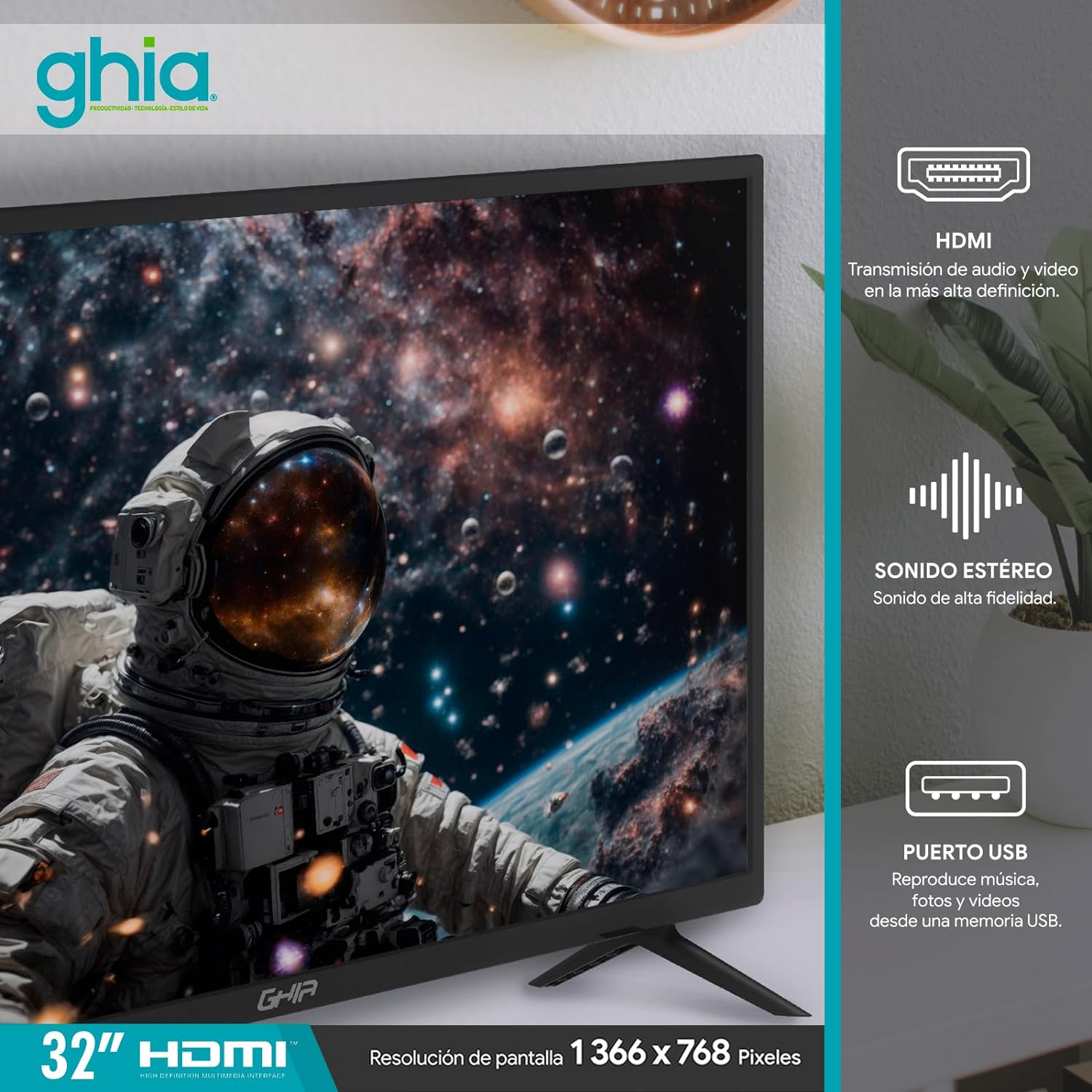 GHIA Televisión G32BHD22. 32" Pulgadas, 60Hz, 2 HDMI, 2 USB, RCA - Óptico