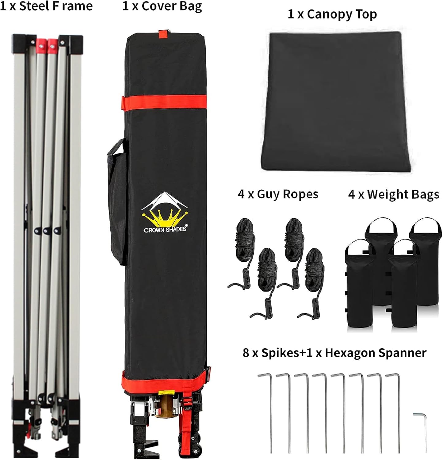 CROWN SHADES - Toldo desplegable de 3.60 x 3.60 metros, toldo patentado de un empuje con bolsa de transporte con ruedas, 8 estacas y 4 cuerdas, negro