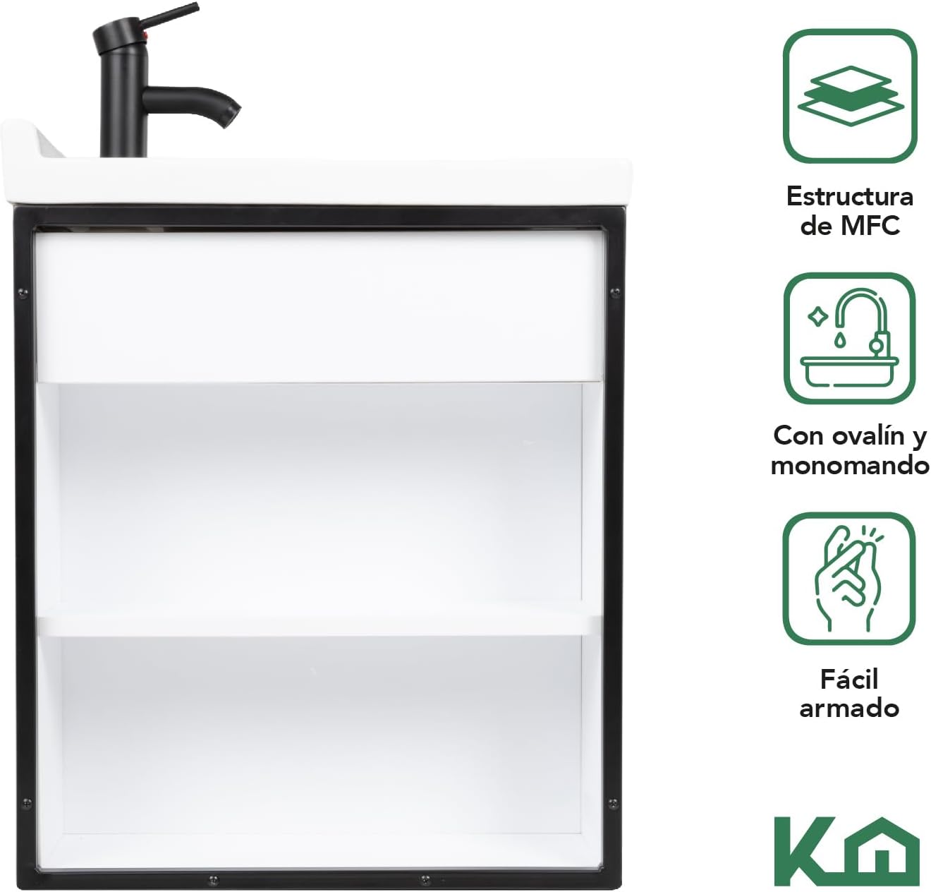 Kingshouse | Gabinete para Baño con Ovalín y Monomando – Mueble de Baño Lavamanos con 2 Cajones – Lavabo – Gabiente Organizador - Color Gris Mate – Fibra de Madera MDF – Lavamanos De Cerámica