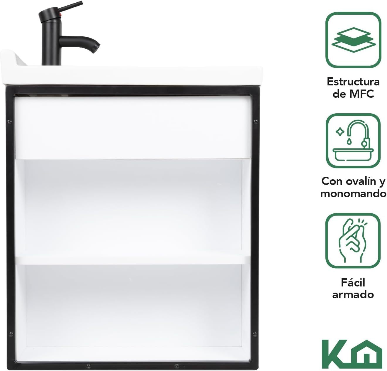 Kingshouse | Gabinete para Baño con Ovalín y Monomando – Mueble de Baño Lavamanos con 2 Cajones – Lavabo – Gabiente Organizador - Color Gris Mate – Fibra de Madera MDF – Lavamanos De Cerámica