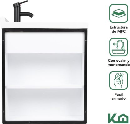 Kingshouse | Gabinete para Baño con Ovalín y Monomando – Mueble de Baño Lavamanos con 2 Cajones – Lavabo – Gabiente Organizador - Color Gris Mate – Fibra de Madera MDF – Lavamanos De Cerámica