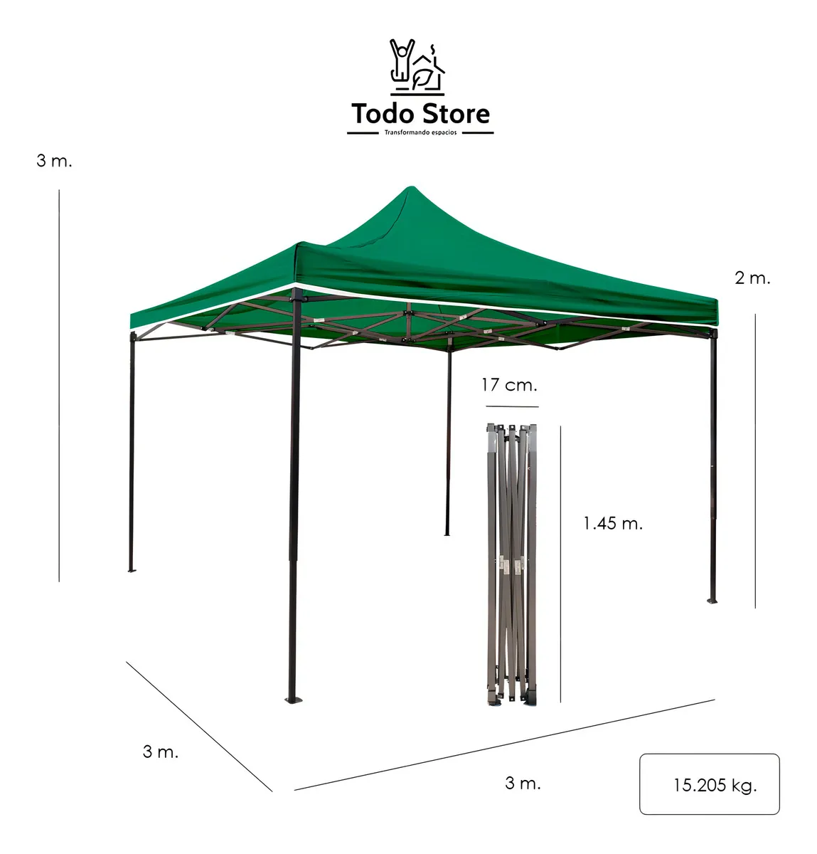 Imagen 2 de 4 de Carpa Toldo Plegable Todostore 3 X 3 Metros Con 3 Paredes Para Jardín Estructura Reforzada Con Lona Impermeable Color Verde