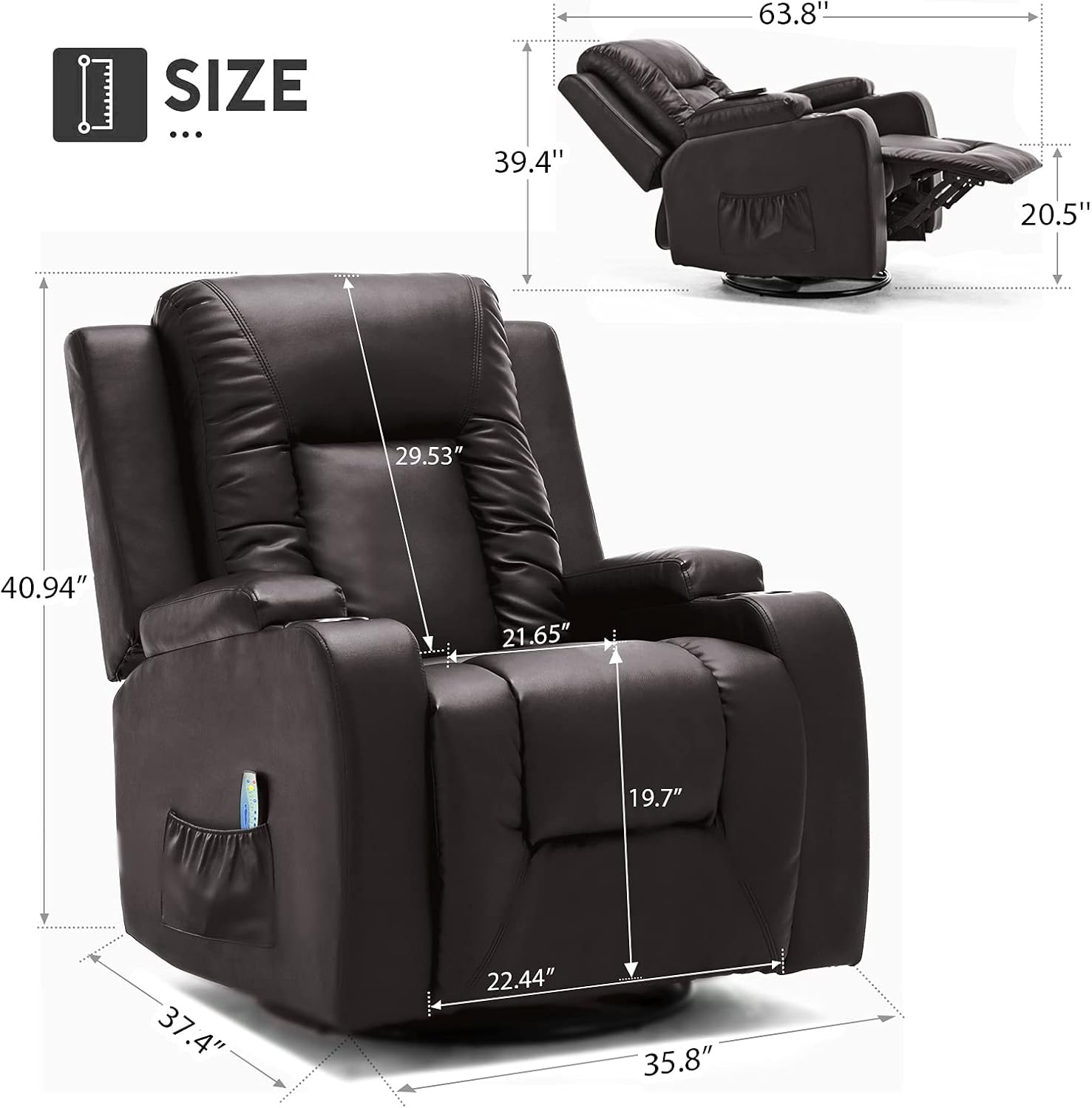 COMHOMA - Silla reclinable giratoria, mecedora de poliuretano para adultos, con masaje y calor, portavasos, bolsillos laterales, para sala de estar y recámara