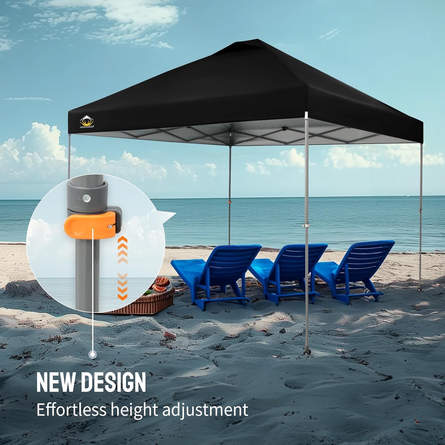 CROWN SHADES - Toldo desplegable de 3.60 x 3.60 metros, toldo patentado de un empuje con bolsa de transporte con ruedas, 8 estacas y 4 cuerdas, negro