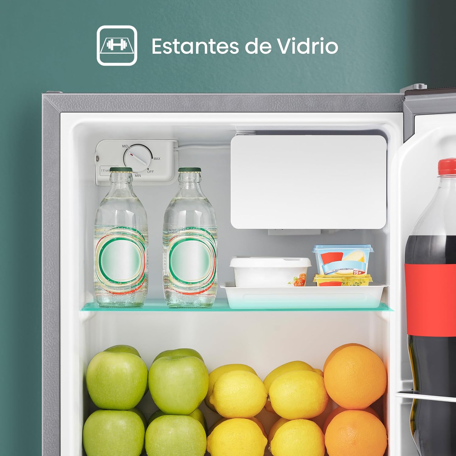 Hisense RR16D6AGX1- Frigobar,1.6 pies cúbicos,Congelador independiente,Termostato ajustable,Estantes para botellas de 2 litros,45x47x50cm(AnchoxLargoxAlto),Gris