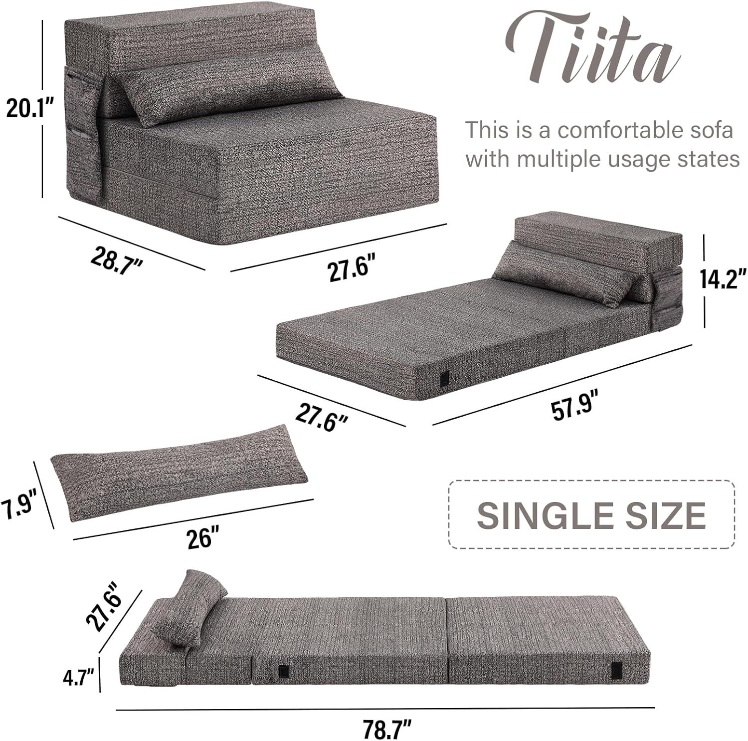 Tiita - Sillón de futón, tamaño individual, sofá cama plegable con almohada, colchón de piso y futón para sala de estar, recámara, uso de invitados, departamento