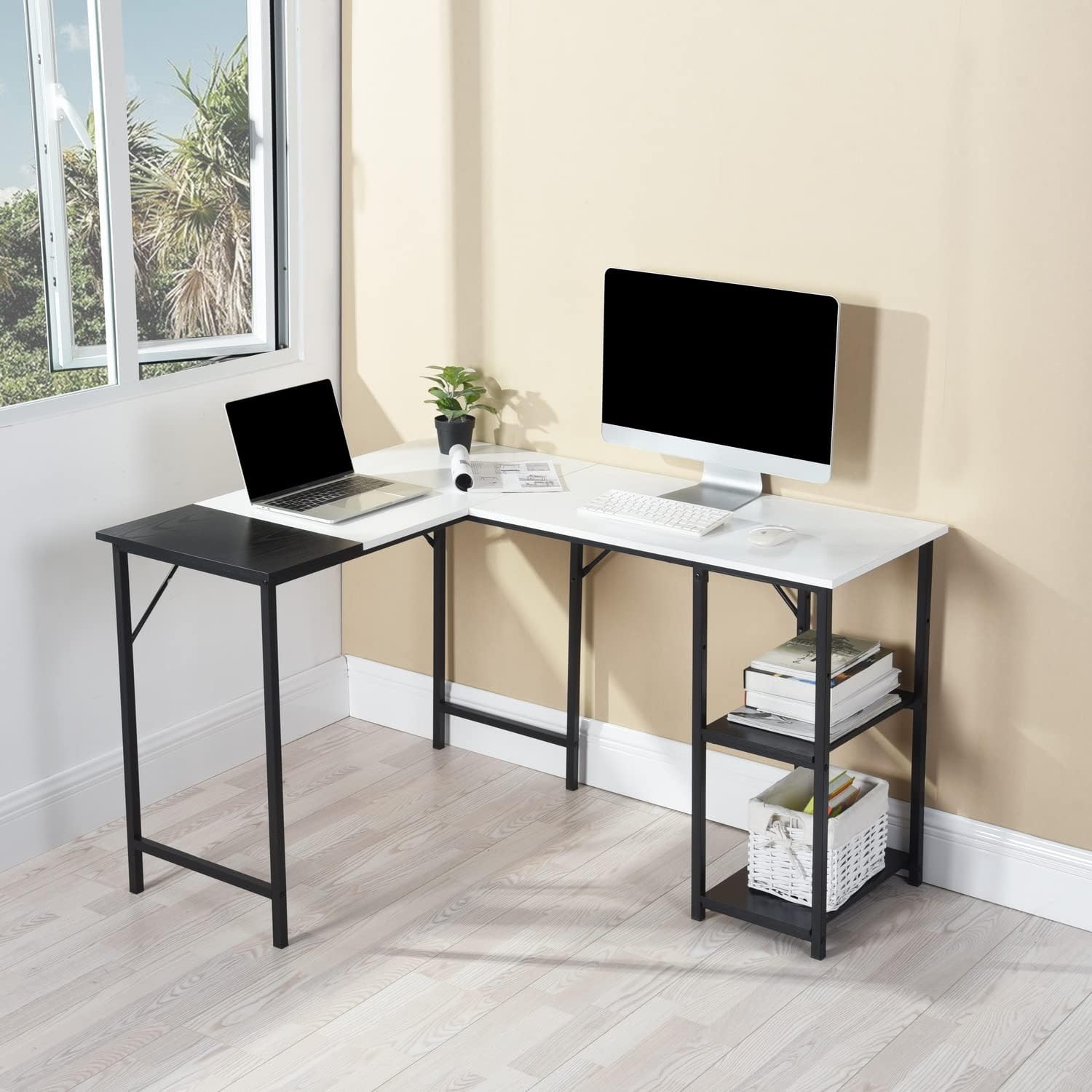 GOMYHOME Escritorio para computadora en Forma de L Escritorio para Juegos de computadora Estación de Trabajo para Escritura Cinturón de Estudio para Oficina en casa Escritorio Grande de 124 cm (Negro)