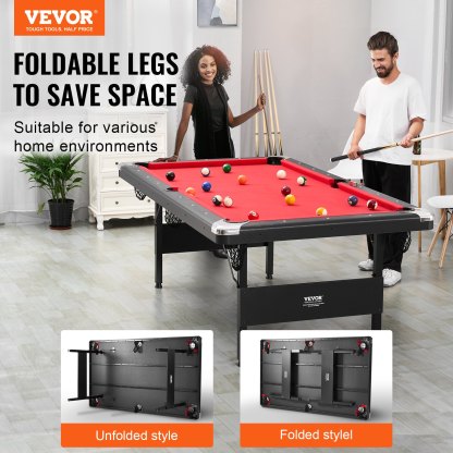 Mesa de Billar 213,4x120x80,5 cm Kit de Billar Plegable y Portátil Set Completo de Accesorios con Bolas, Tacos, Tizas y Pincel Color Negro con Tela Roja para Sala de Juegos, Hogar, Club, Bar