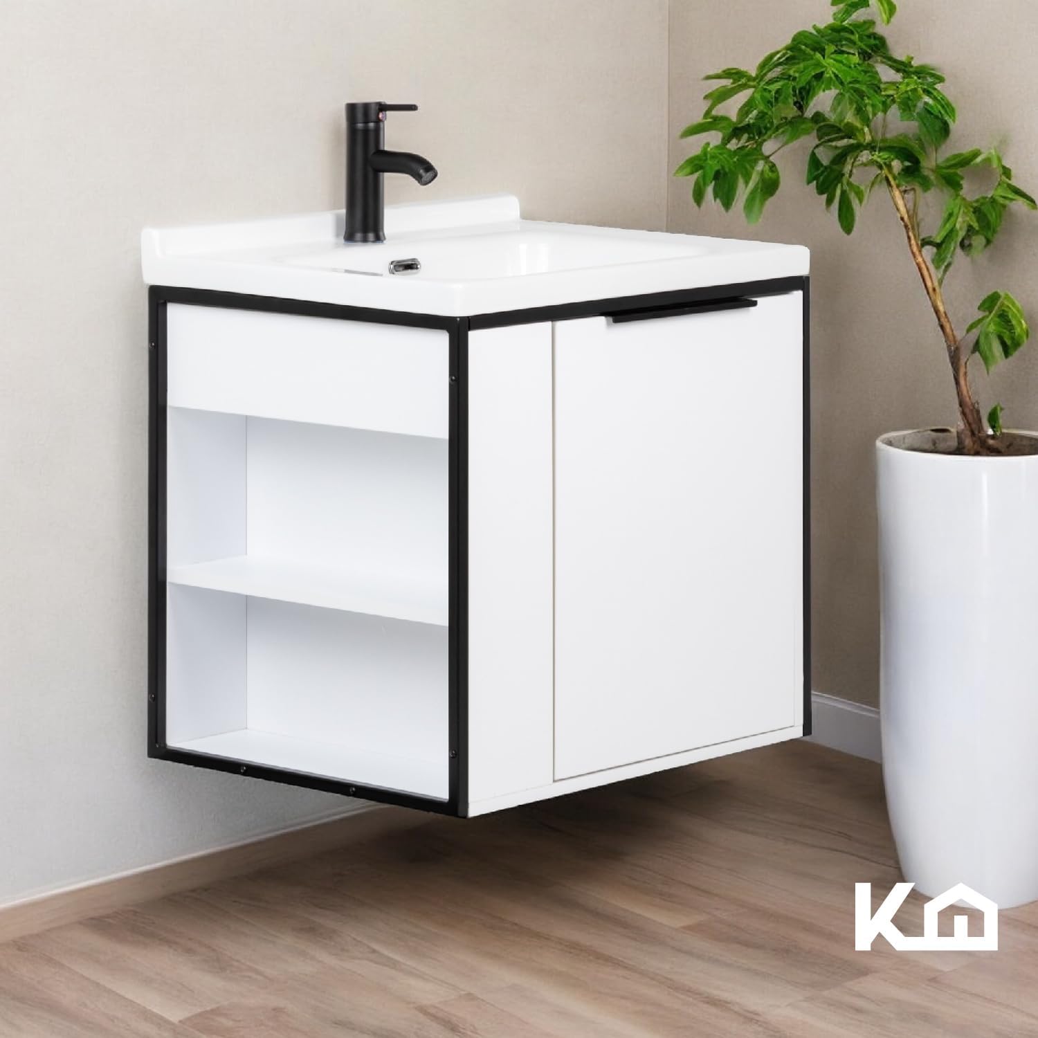Kingshouse | Gabinete para Baño con Ovalín y Monomando – Mueble de Baño Lavamanos con 2 Cajones – Lavabo – Gabiente Organizador - Color Gris Mate – Fibra de Madera MDF – Lavamanos De Cerámica