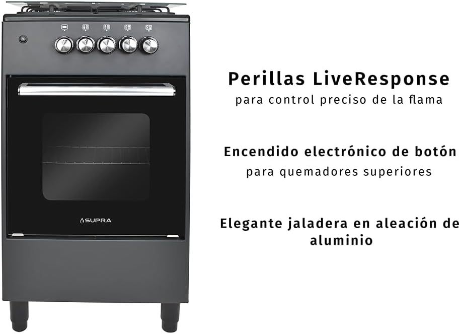 SUPRA Estufa de piso a gas de 4 quemadores de 50 cm Mod. AMBROSIA color negro mate