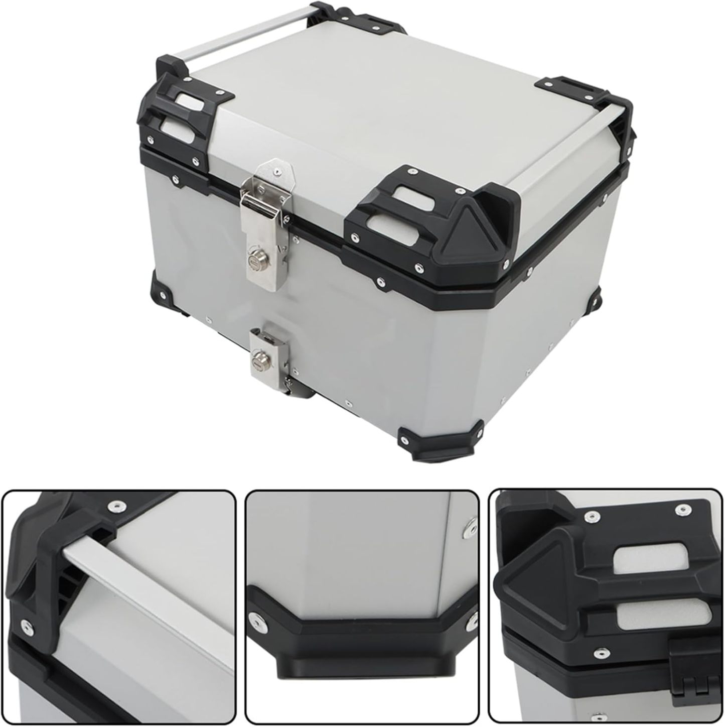 Labwork - Caja trasera para motocicleta de 45 l, con placa de montaje, aleación de aluminio dura, cierre de seguridad contra robo, metal plateado, caja trasera para maletero
