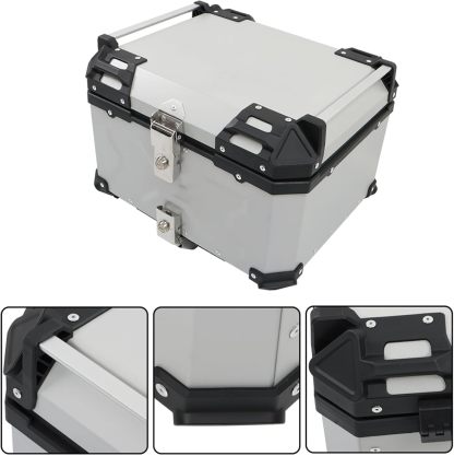 Labwork - Caja trasera para motocicleta de 45 l, con placa de montaje, aleación de aluminio dura, cierre de seguridad contra robo, metal plateado, caja trasera para maletero