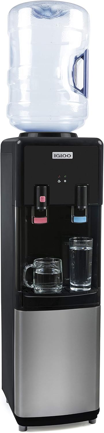 Igloo - Dispensador de agua fría y caliente de carga superior, enfriador de agua para botellas de 5 galones y botellas de 3 galones, incluye cerradura de seguridad para niños, máquina de agua perfecta