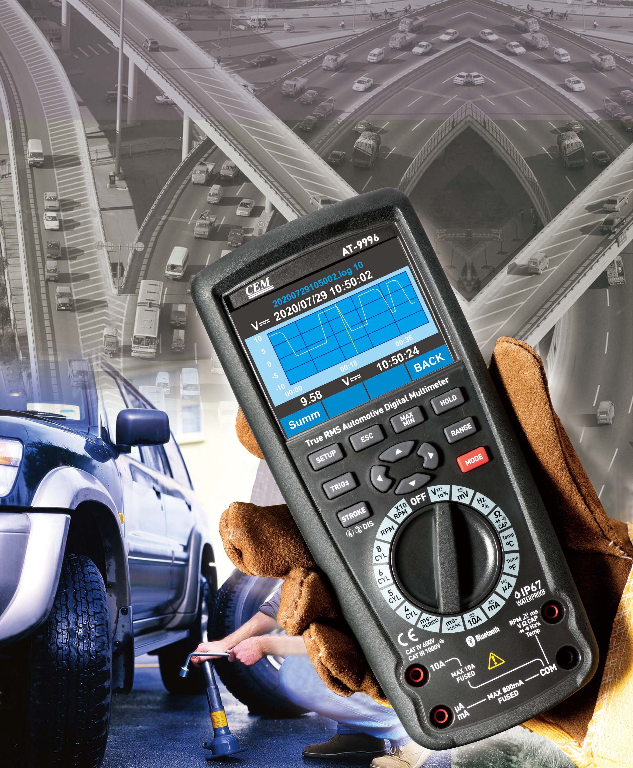 AT-9996 Professional Automotive Oscilloscope DMM | IP67 Waterproof | True RMS | TFT Color LCD | Tachometer & Dwell