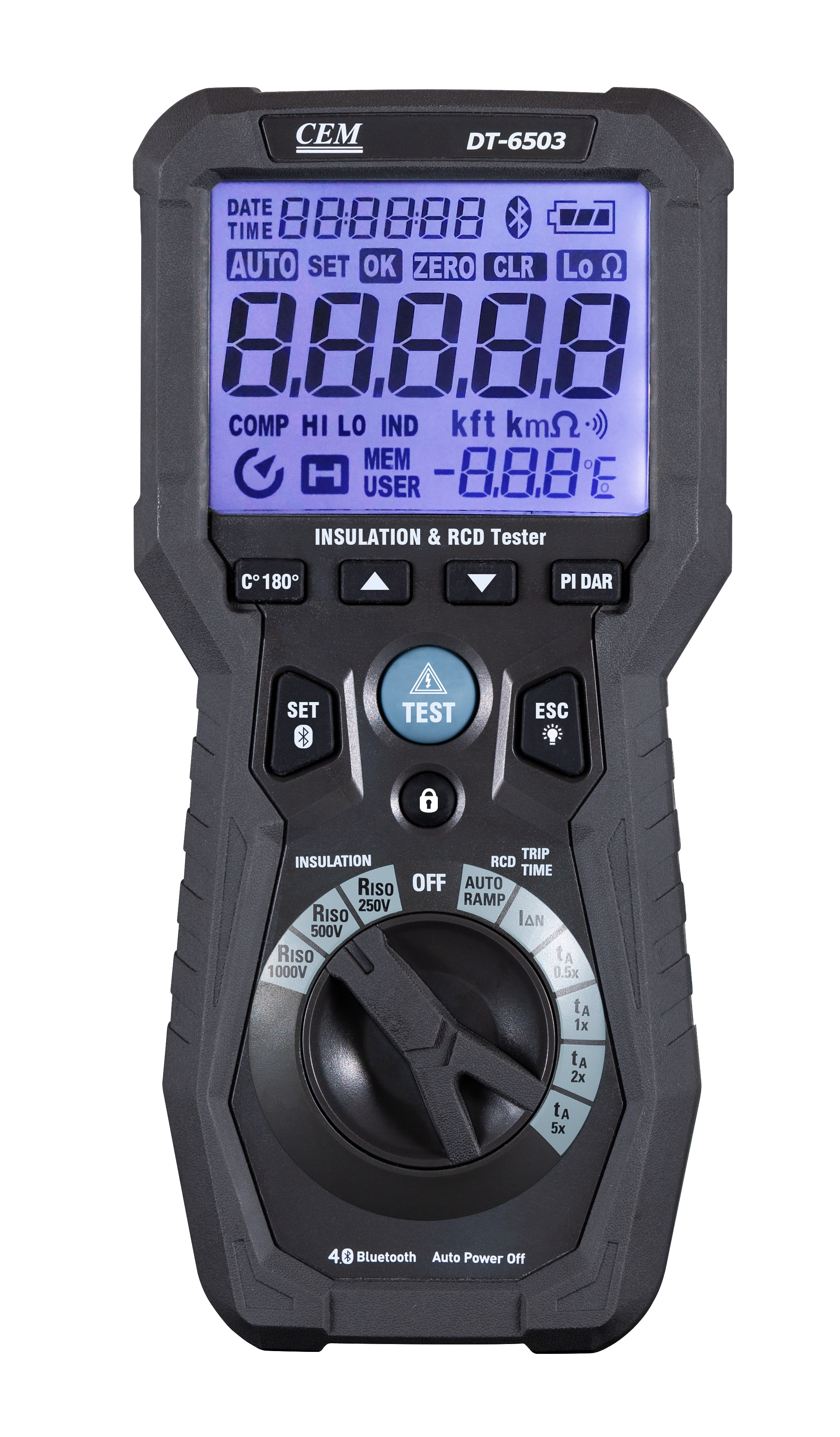 DT-6503 Insulation and RCD Tester | 5000MΩ Insulation Test | RCD Trip Time Tester | IP65 | CAT IV 600V | Bluetooth
