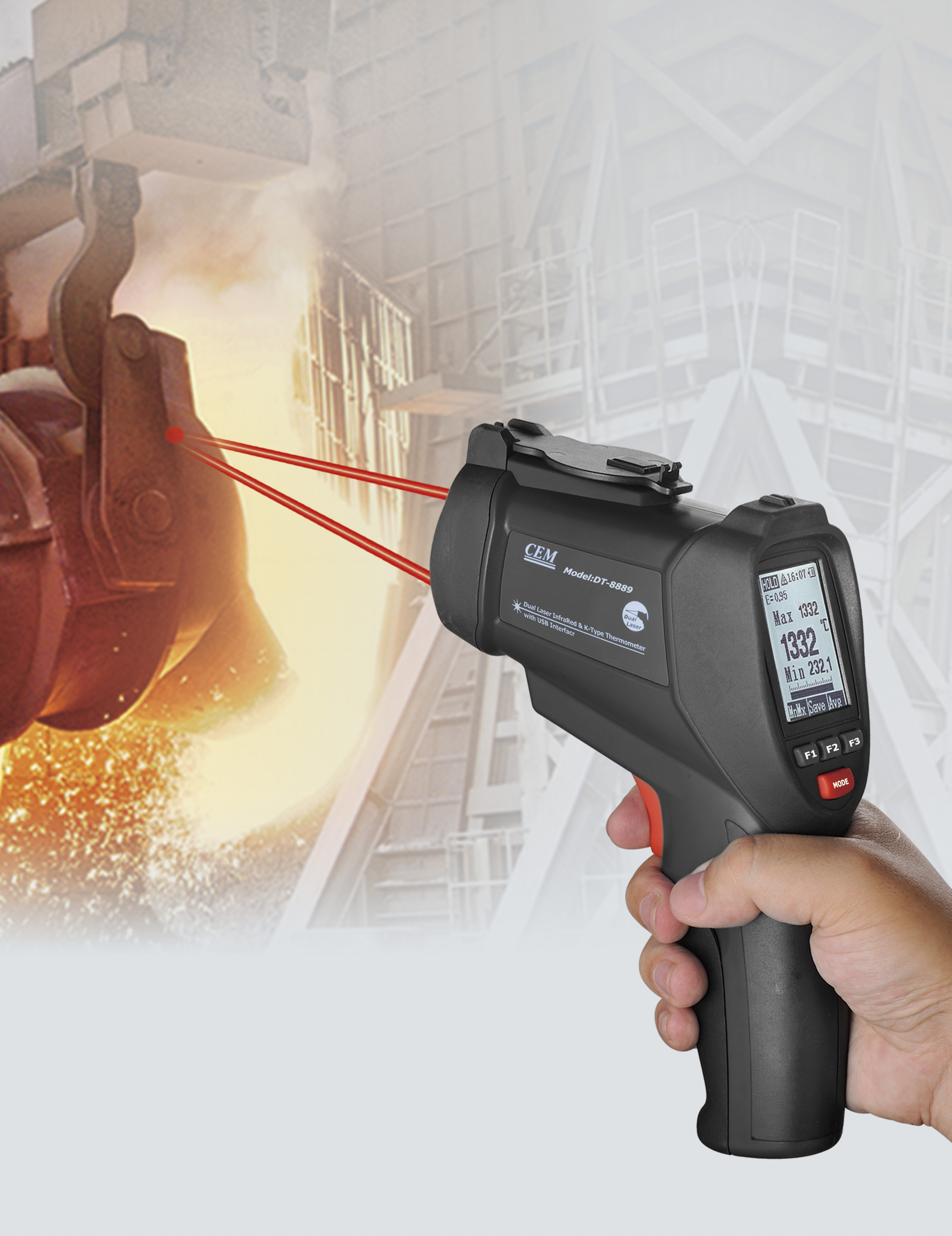 DT-8889 High Temperature IR Thermometer | -50 to 1850°C | 75:1 D:S Ratio | Adjustable Emissivity | 8889